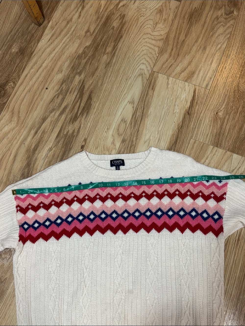 Chaps Cream Cable Knit Sweater with Pink, Red & Blue Fair Isle Pattern XL - Picture 4 of 6
